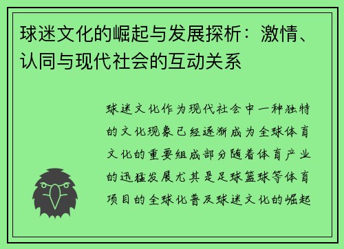 球迷文化的崛起与发展探析：激情、认同与现代社会的互动关系