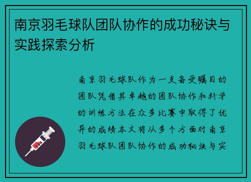 南京羽毛球队团队协作的成功秘诀与实践探索分析